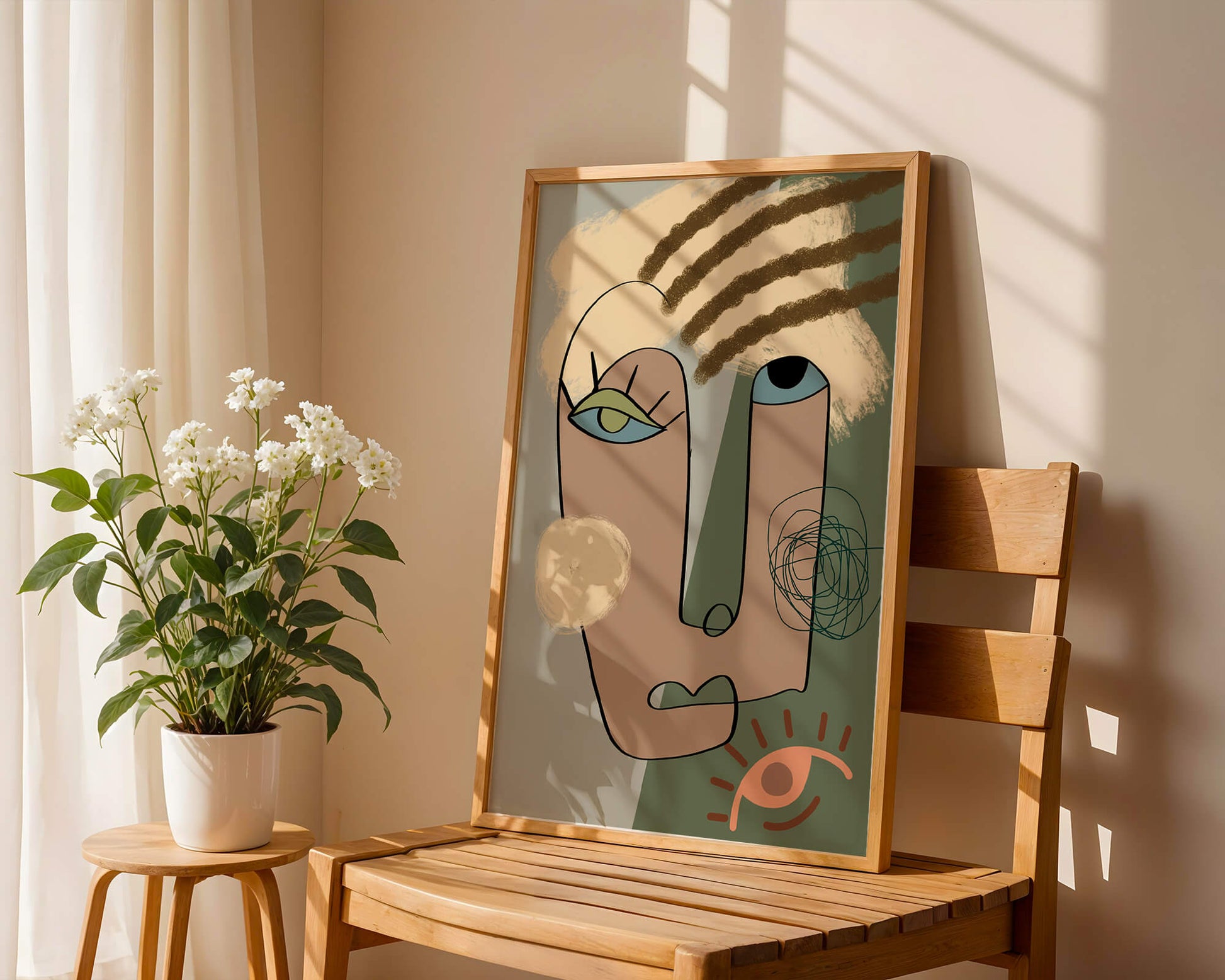 Retrato abstracto con formas geométricas y tonos terrosos.