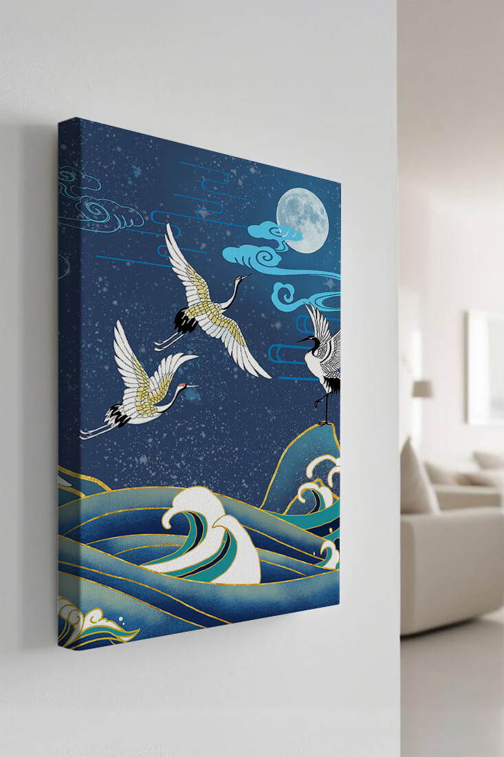 A Serene Night Scene with Cranes and Waves in Traditional Japanese Art Style