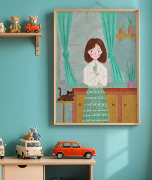 Charming Illustration of Woman and Cat in Cozy Living Room
