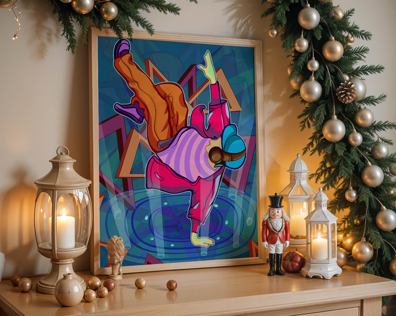 Colorful breakdancer in dynamic urban artwork