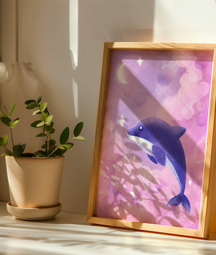 Dreamlike underwater scene with dolphin and moonlit sky