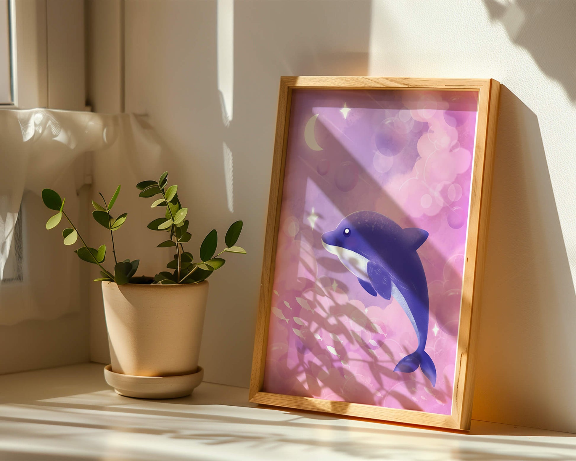 Dreamlike underwater scene with dolphin and moonlit sky