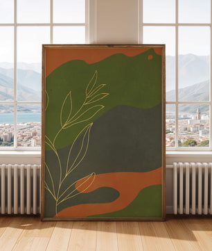 Abstrakte botanische Kunst mit Goldblatt auf buntem Hintergrund