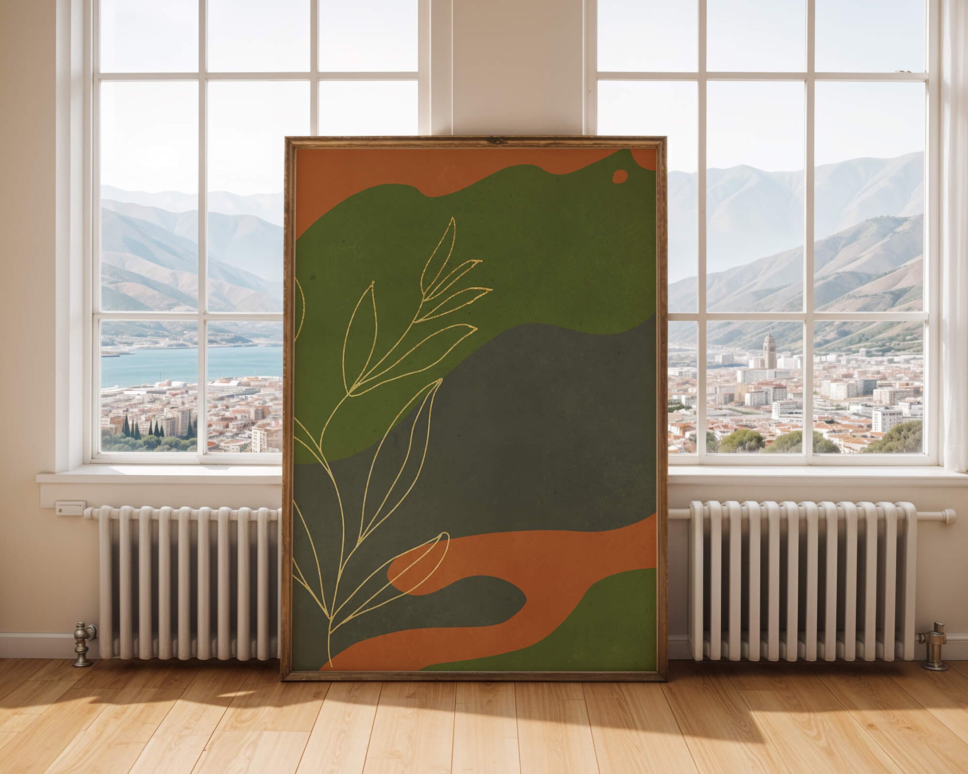Abstrakte botanische Kunst mit Goldblatt auf buntem Hintergrund