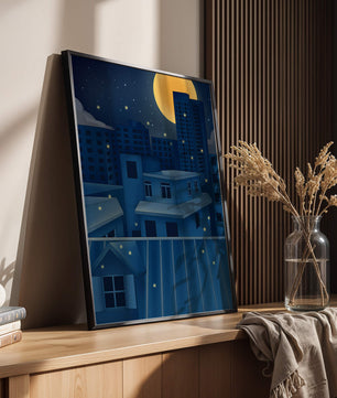 Night Urban Skyline Under a Starry Sky with Bright Full Moon