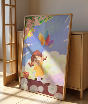 Whimsical illustration of a girl with balloons under vibrant pink blossoms