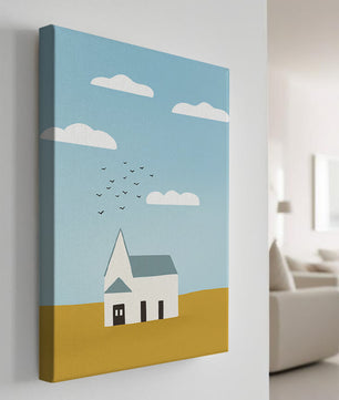 Paisaje minimalista con una casa blanca y cielo