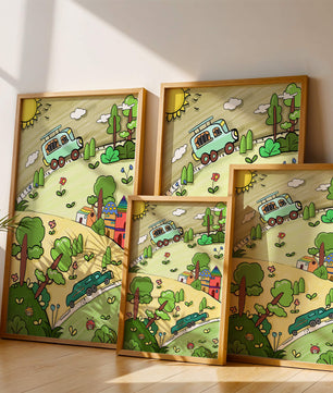 Colorful cartoon landscape with vehicles and nature scene