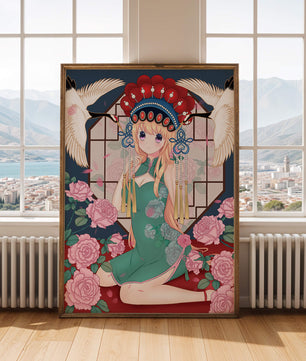 Chica anime elegante con atuendo tradicional y detalles florales y de grulla