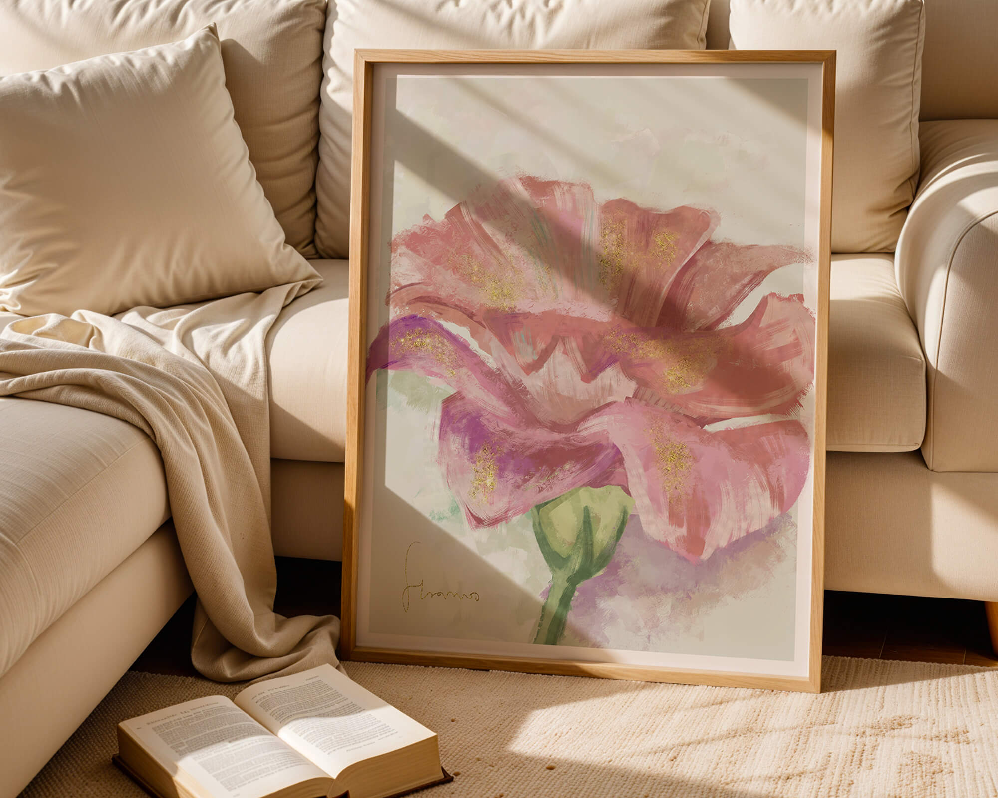 Vibrant pink flower with golden accents in abstract style