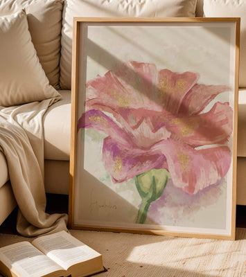 Vibrant pink flower with golden accents in abstract style
