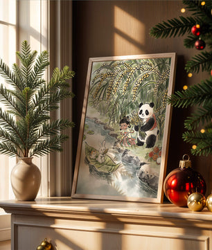 Escena caprichosa con un panda y un conejo junto al río