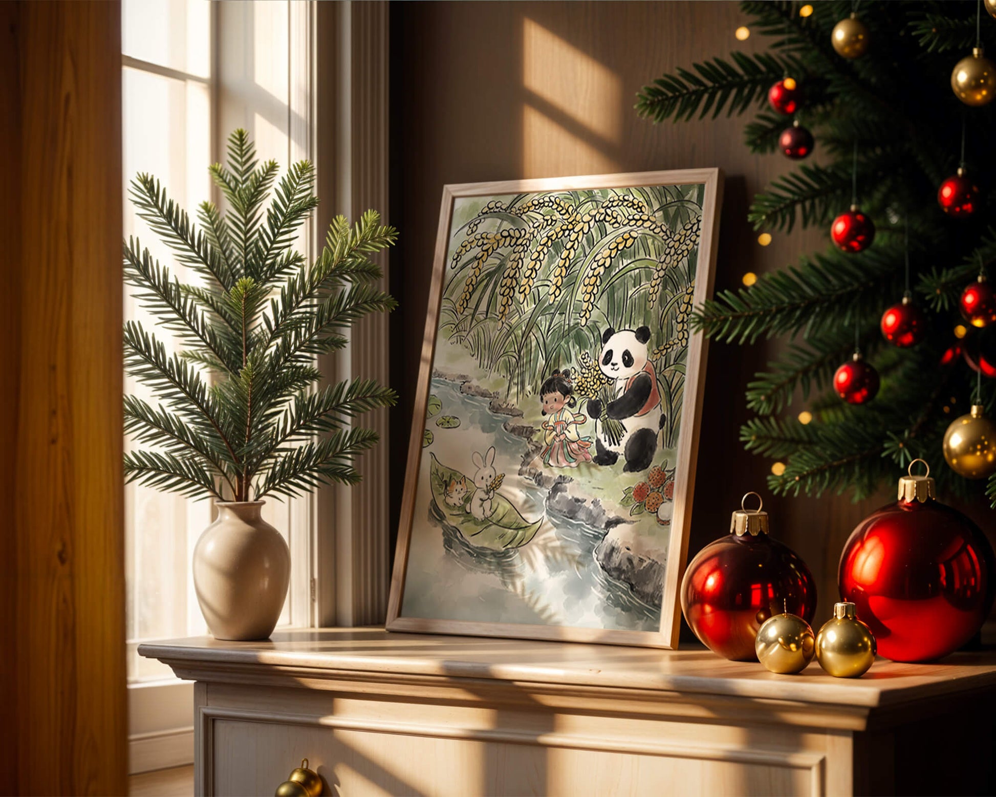 Escena caprichosa con un panda y un conejo junto al río