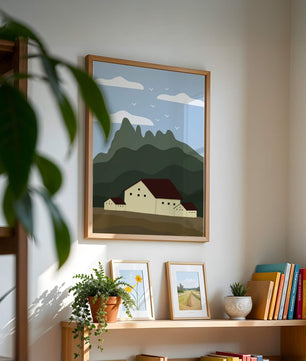 Paisaje minimalista de montaña con casas y pájaros en el cielo