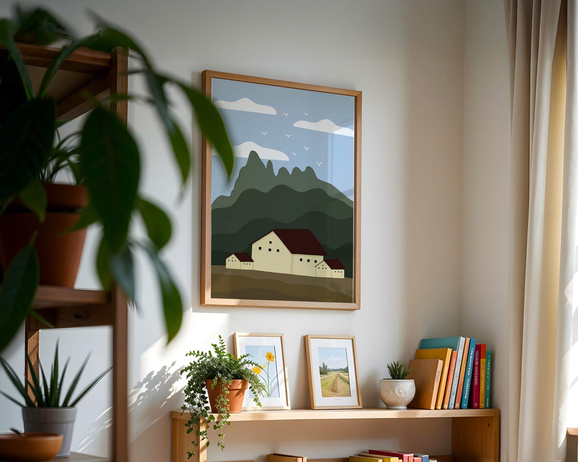 Paisaje minimalista de montaña con casas y pájaros en el cielo