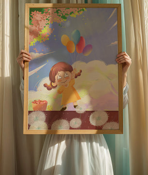 Whimsical illustration of a girl with balloons under vibrant pink blossoms