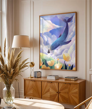 Paisaje surrealista con una ballena gigante y elementos caprichosos