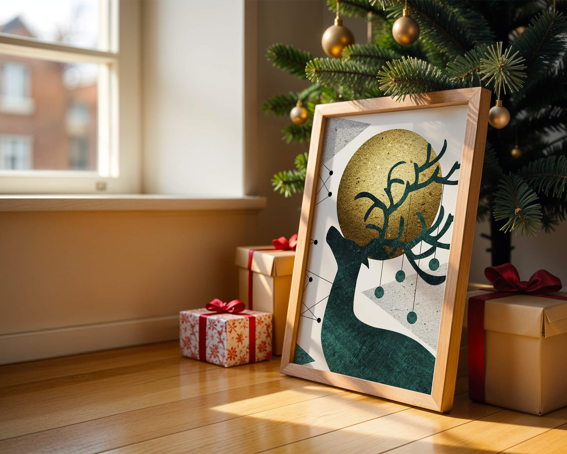 Abstract Geometric Deer with Gold Circle and Modern Design