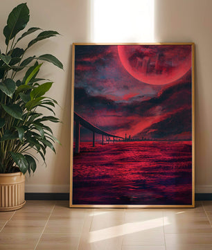 Surreal Scarlet Landscape with Bridge and Celestial Body