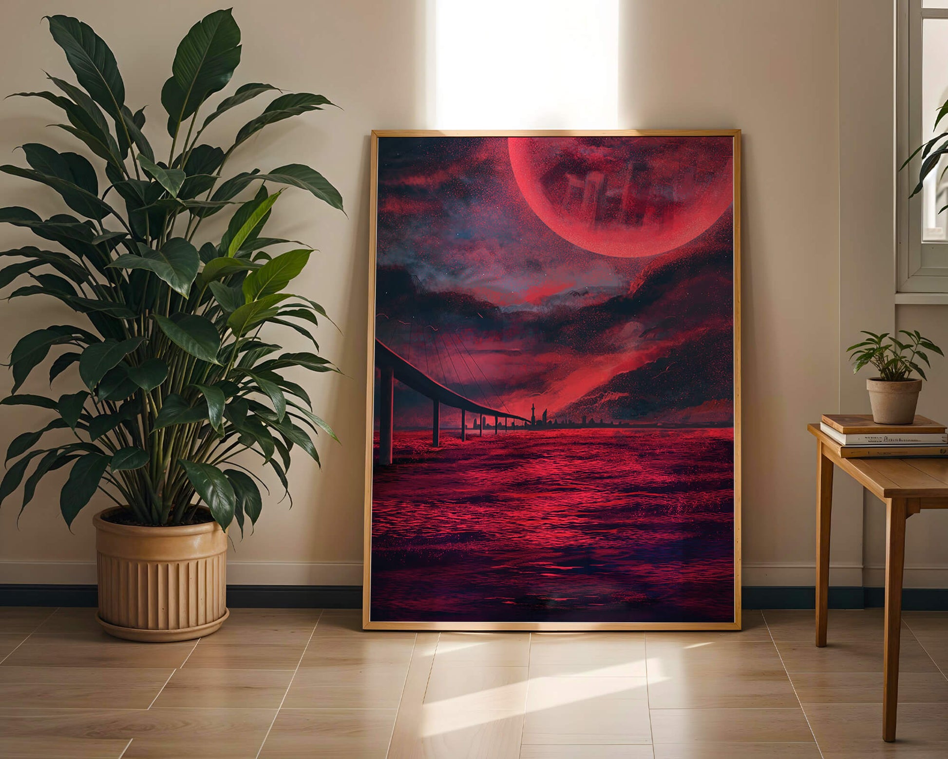 Surreal Scarlet Landscape with Bridge and Celestial Body