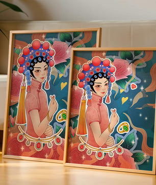 Traditional Asian-inspired illustration with jewelry and floral accents