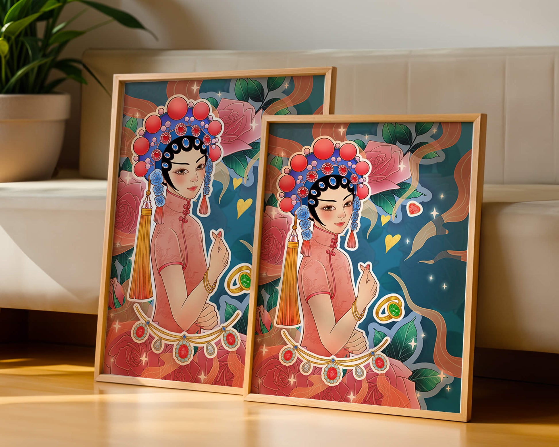 Traditional Asian-inspired illustration with jewelry and floral accents