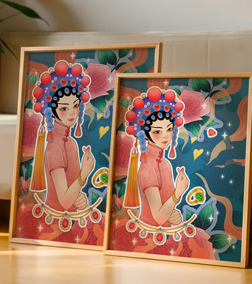 Traditional Asian-inspired illustration with jewelry and floral accents