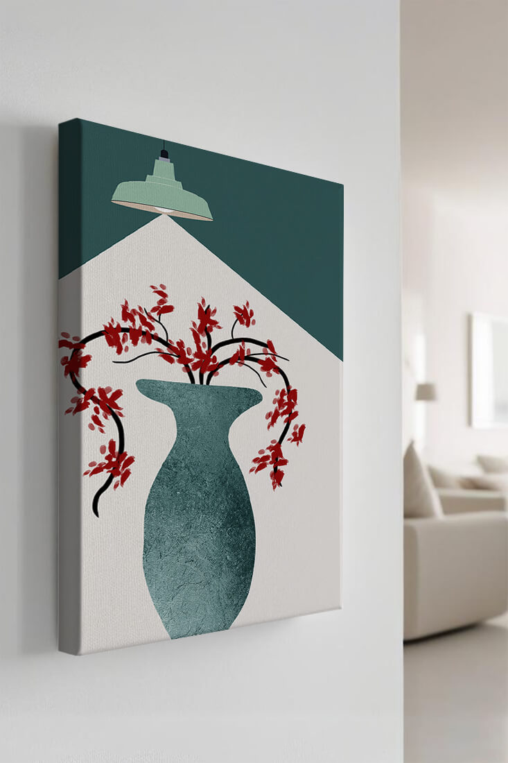 Modern Minimalist Vase with Red Flowers Under Green Lamp