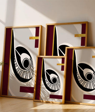 Arte geométrico abstracto con motivo de ojo y detalles dorados