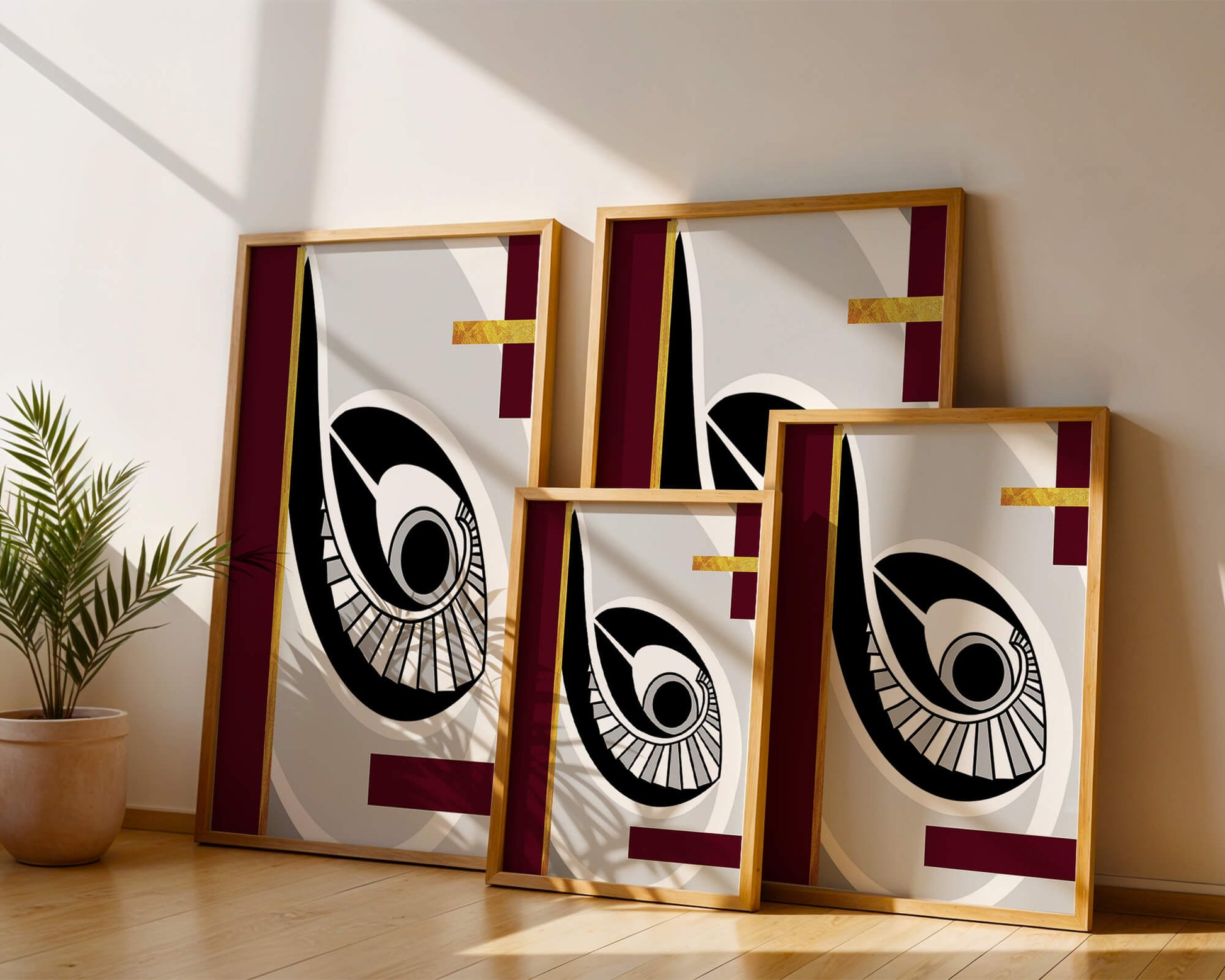 Arte geométrico abstracto con motivo de ojo y detalles dorados