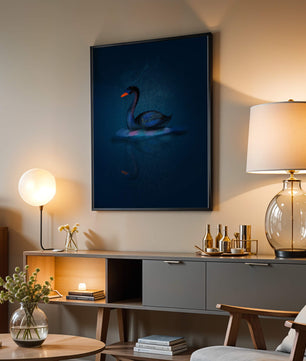 Majestic Black Swan Under Starry Night Sky with Golden Accents - Mi tienda