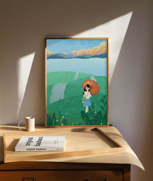 Girl with Umbrella in Rainy Meadow
