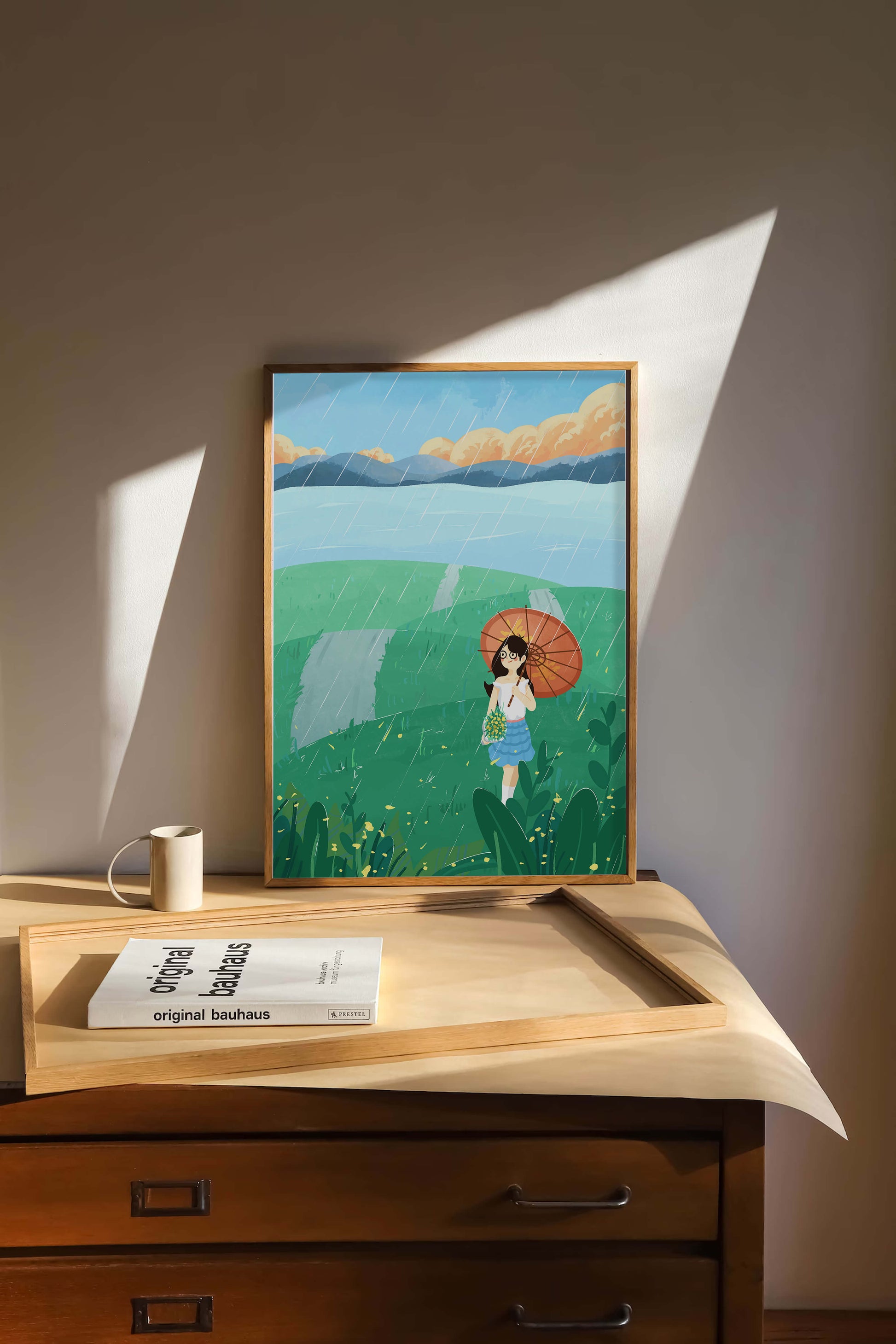 Girl with Umbrella in Rainy Meadow