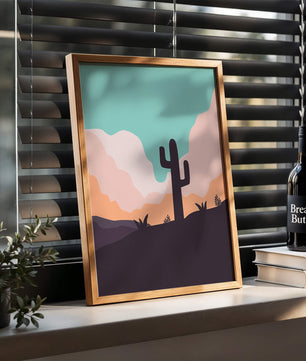 Abstract desert landscape with cactus silhouette at sunset