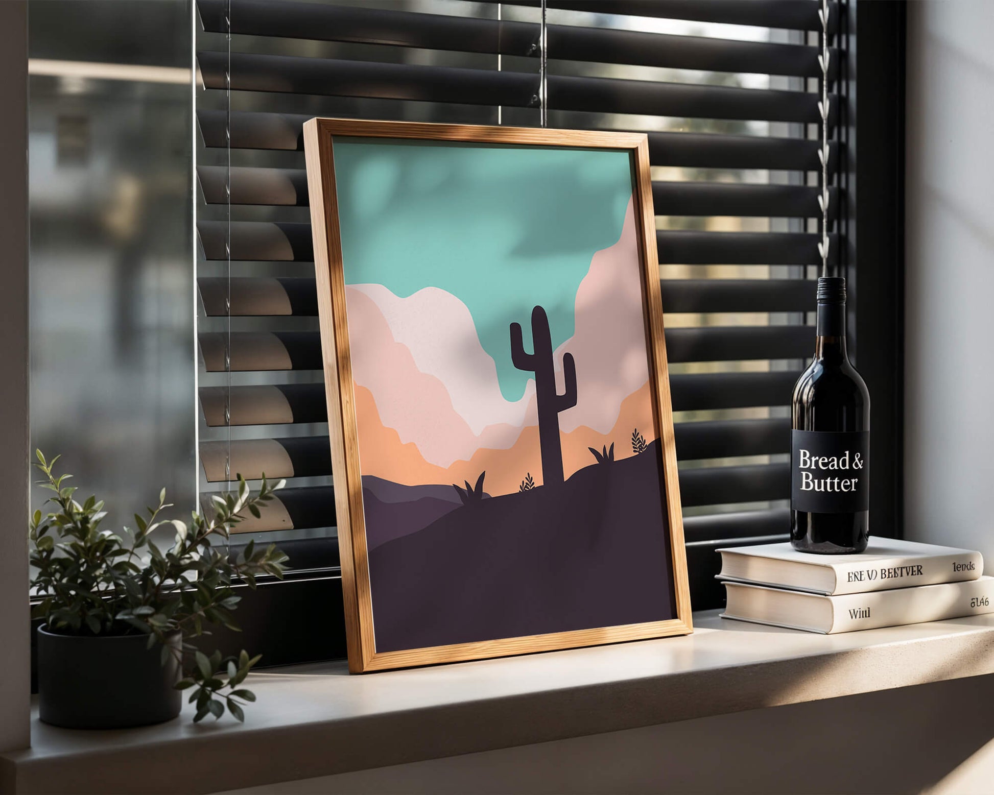 Abstract desert landscape with cactus silhouette at sunset