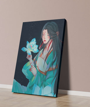 Elegant Woman Holding Glowing Lotus in Tranquil Nightscape