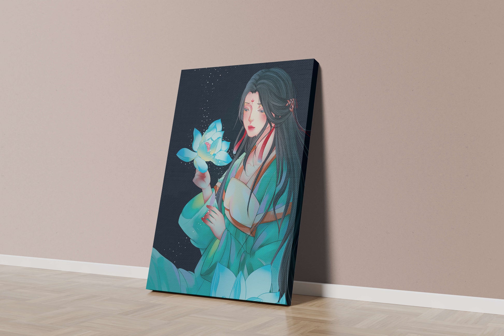 Elegant Woman Holding Glowing Lotus in Tranquil Nightscape