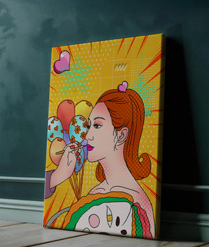 Retrato de mujer en arte pop colorido con globos y patrones vibrantes