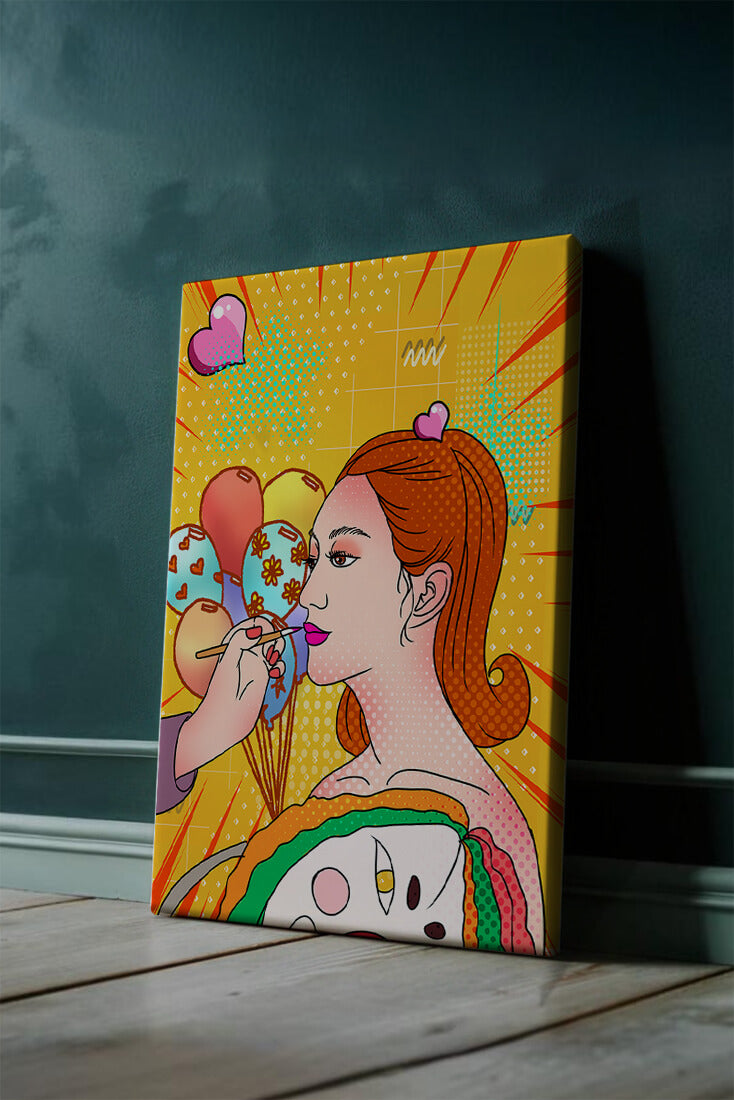 Colorful pop art woman portrait with balloons and vibrant patterns