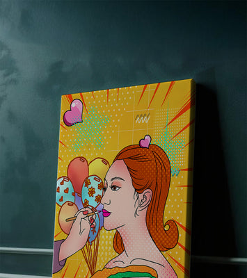 Colorful pop art woman portrait with balloons and vibrant patterns