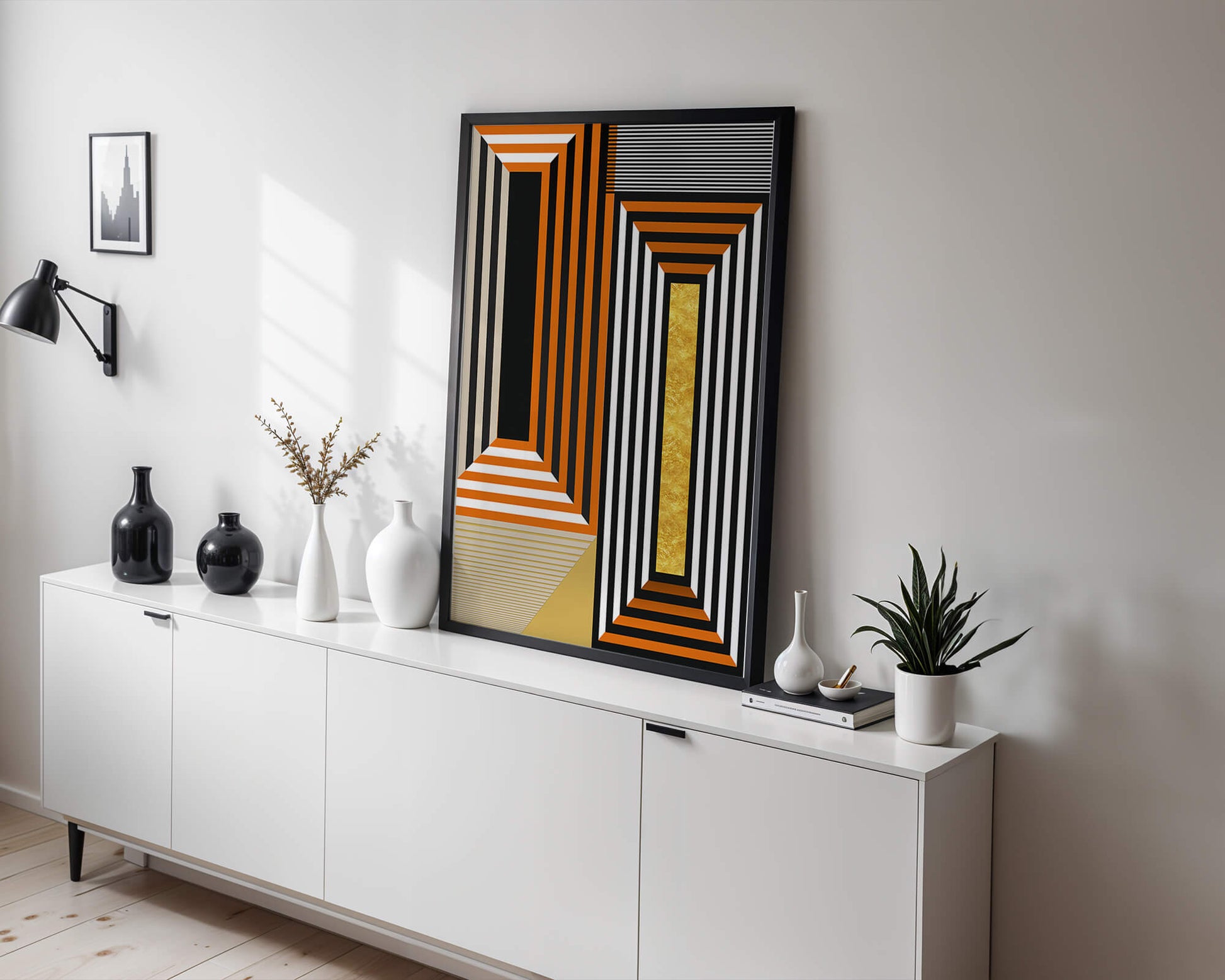 Geometric Abstract Art with Stripes and Gold Element in Orange, Black, and White