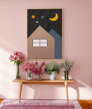Charming Night Sky with Moon, Stars, and Houses - Mi tienda