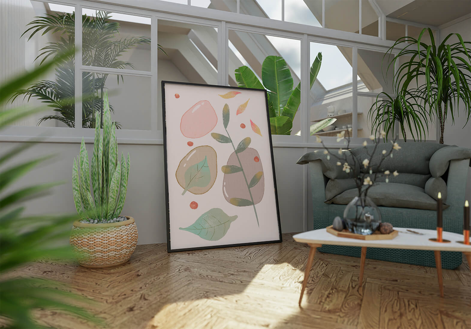 Abstract botanical illustration with pastel colored leaves and shapes