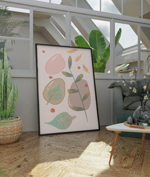 Abstract botanical illustration with pastel colored leaves and shapes