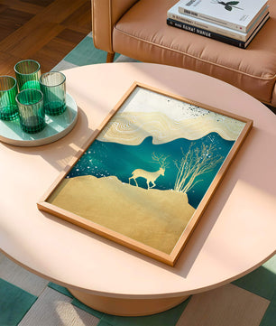 Elegante abstrakte Kunst mit goldenem Hirsch und Naturthema