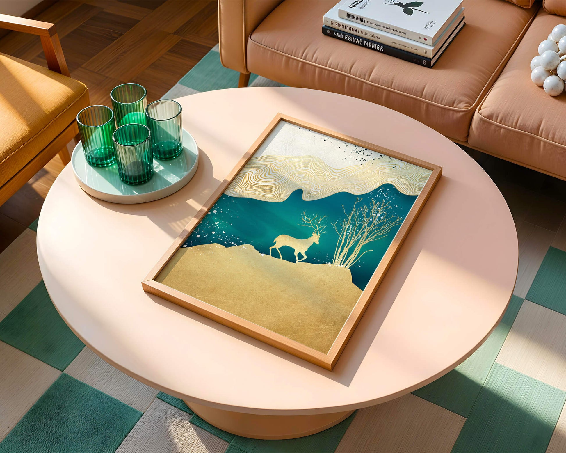 Elegante arte abstracto con ciervos dorados y temática de naturaleza.