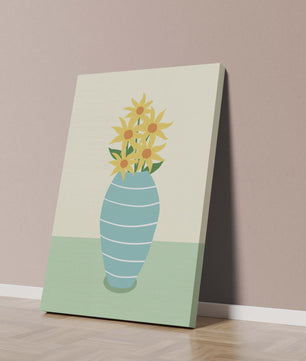 Yellow Sunflowers in a Blue Striped Vase on a Minimalist Background - Mi tienda