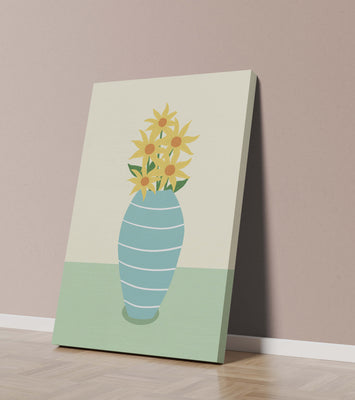Yellow Sunflowers in a Blue Striped Vase on a Minimalist Background