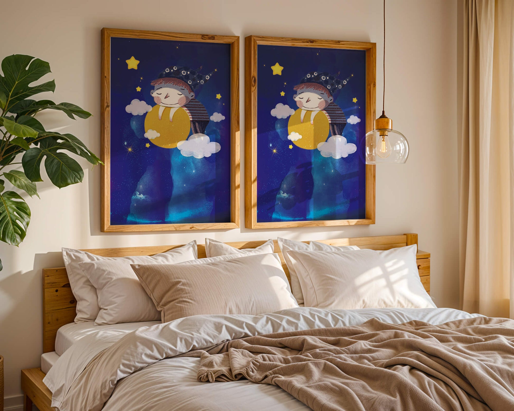 Dreamy Nighttime Scene with a Child Hugging the Moon