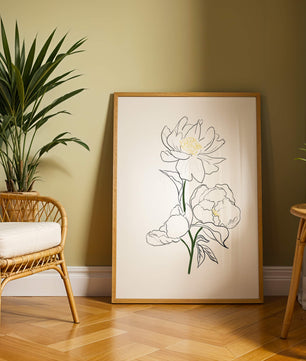 Elegante Pfingstrosen-Linienkunst mit goldenen Akzenten